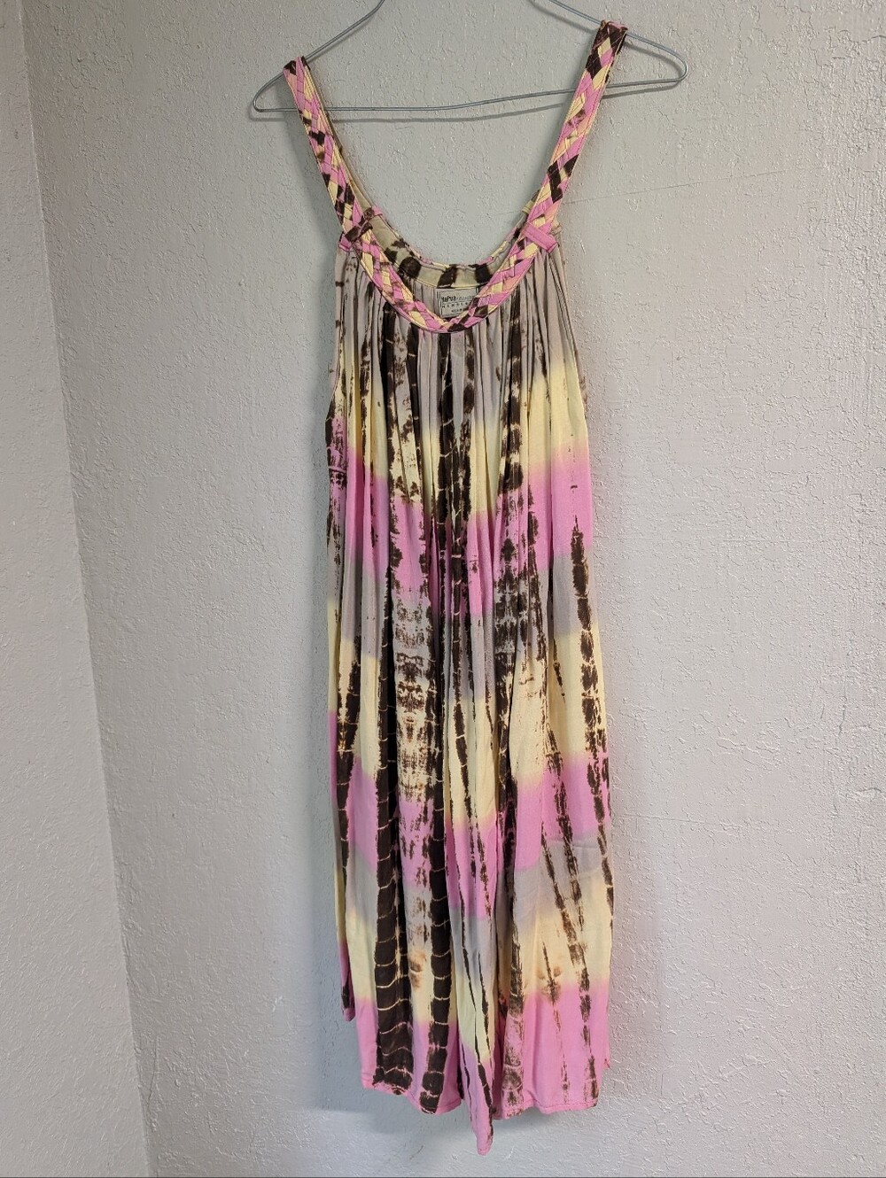 Scoop Neck Midi Dress OS Pink Brown Surf Tie Dye Braided Boho Festival Hippie